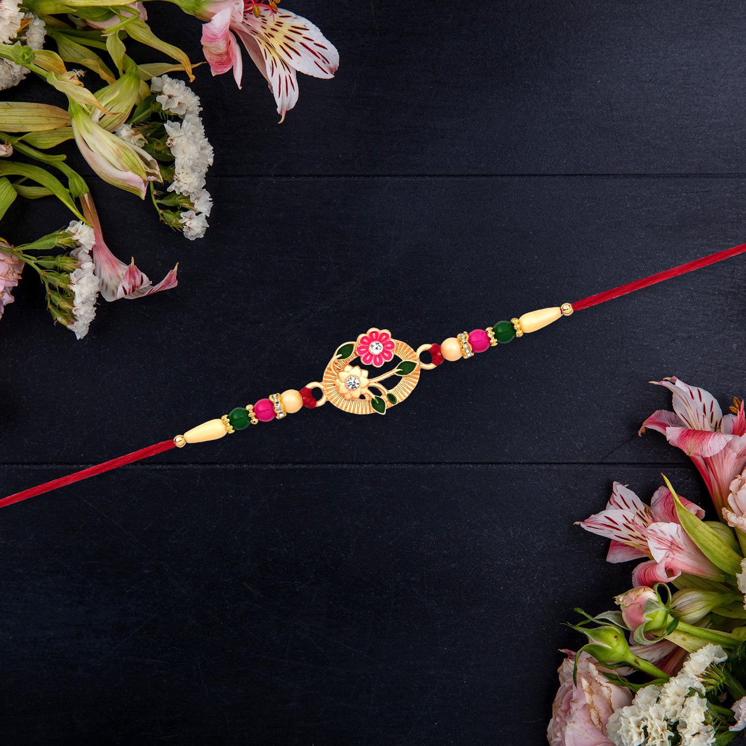 Flower Motif Rakhi With Moon-shaped Design Flower Motif Rakhi With Moon-shaped Design